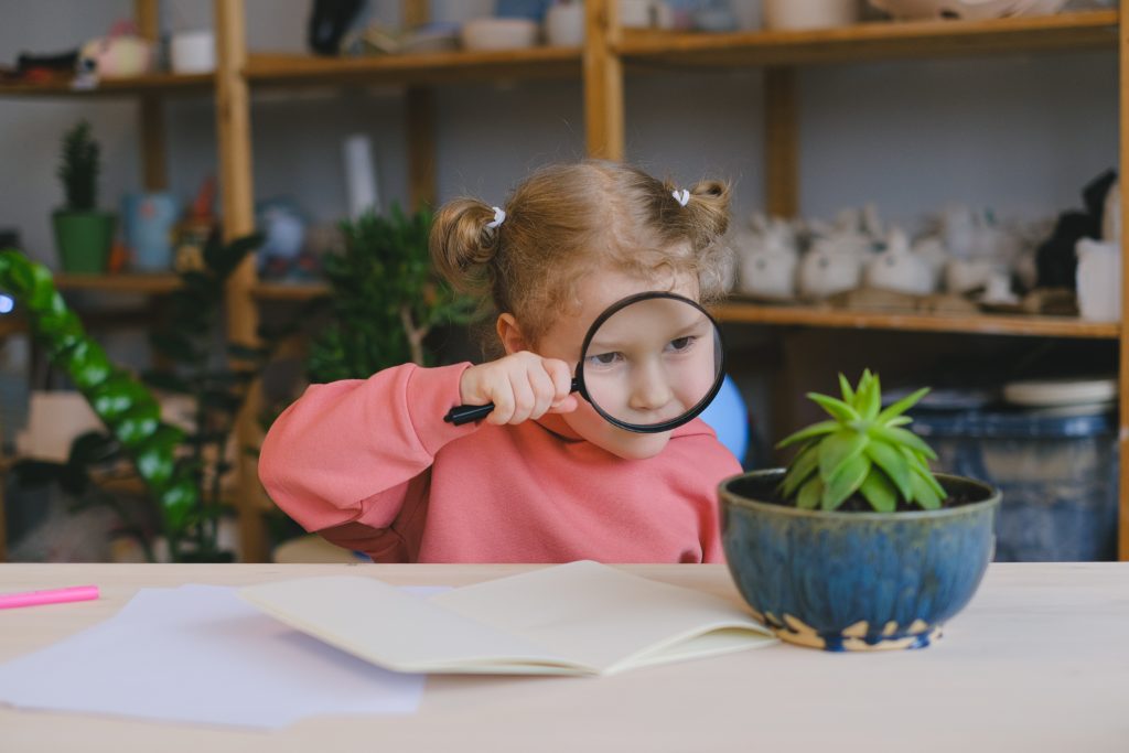 Child looking through magnifying glass- inspecting.  Inspecting septic system with detail.